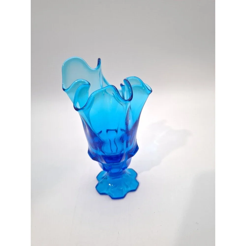 Fenton Colonial Blue Valencia Glass Swung Ruffle Edge Vase 6.75inches